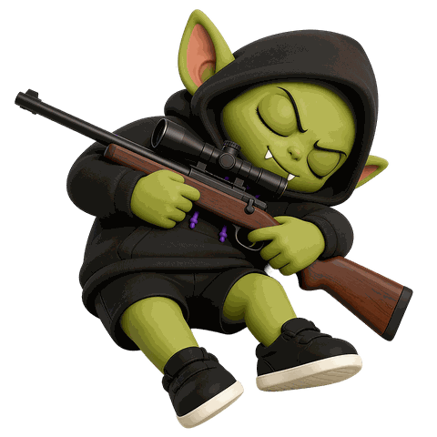Gobli asleep, cradling a sniper rifle
