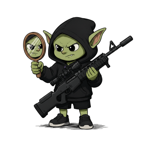 Gobli holding a sniper rifle while checking a hand mirror
