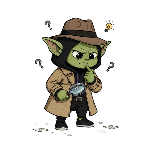 Gobli dressed as a detective, holding a magnifying glass