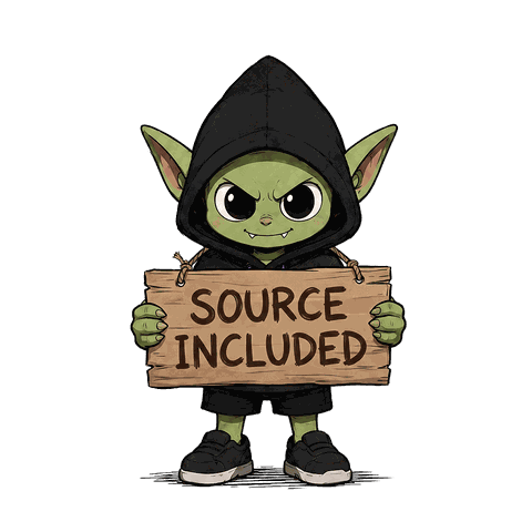 Gobli holding a wooden sign that says Source Included